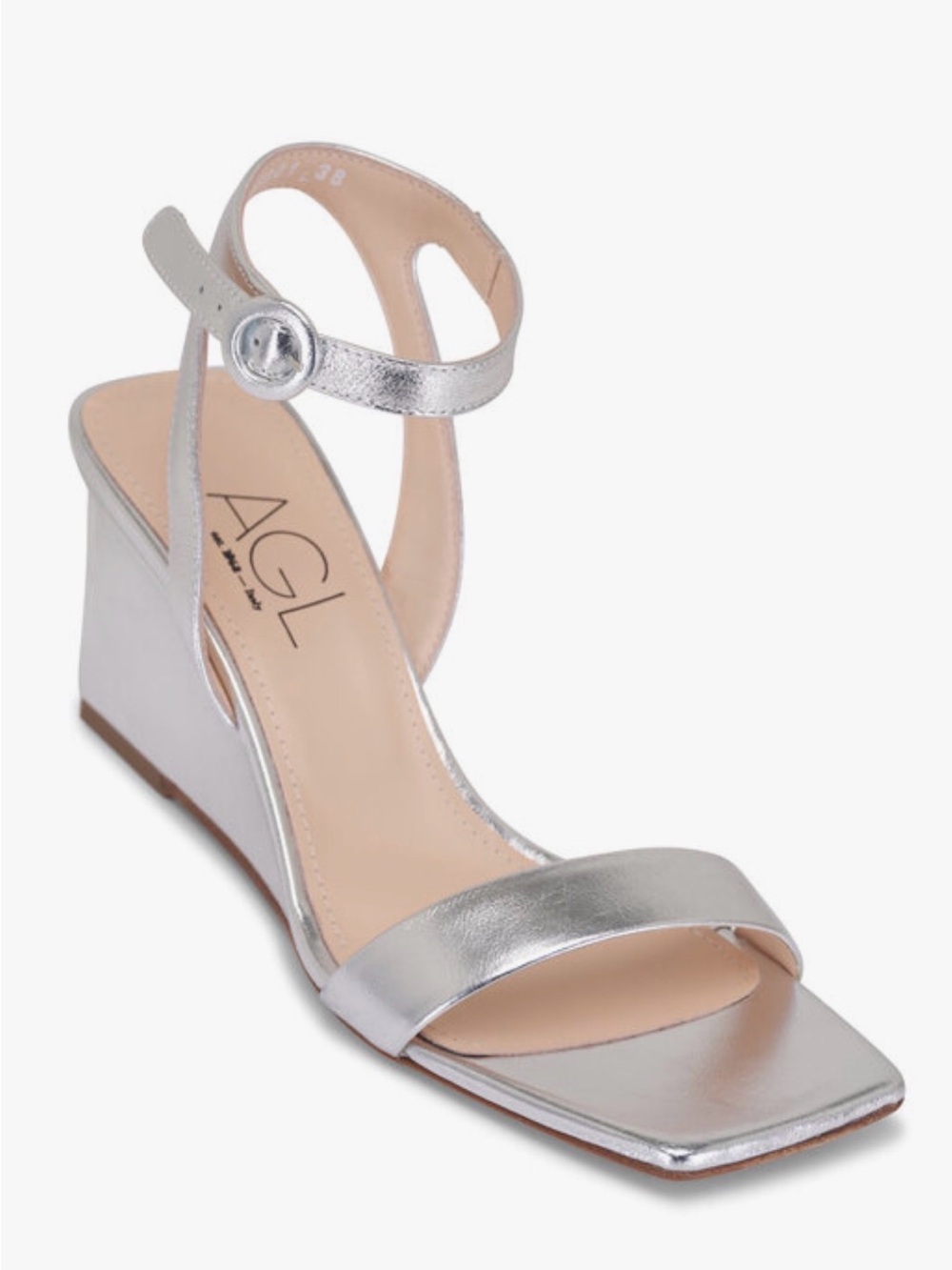 AGL Silver Metallic Leather Ankle-Strap Wedge Sandal